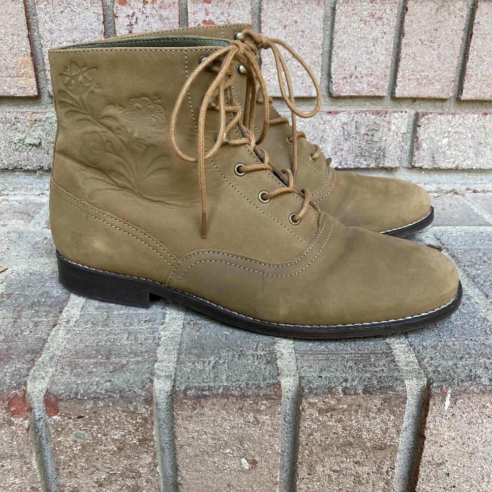 GUDRRUN SJODEN Leather Lace Up Boots Floral Print